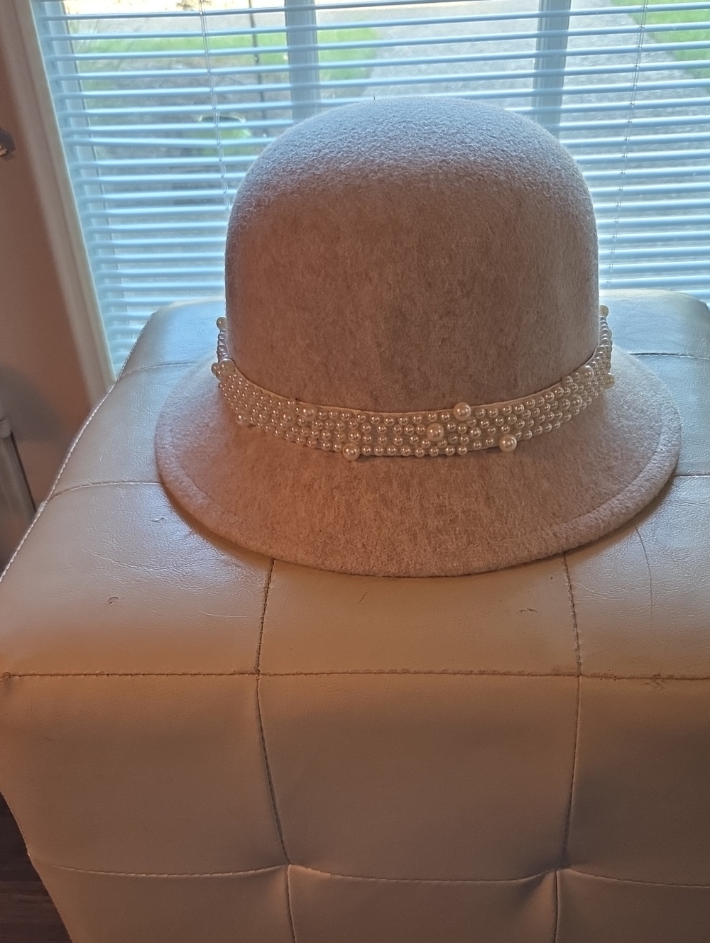 Beige Pearl-Trim Felt Cloche Hat - Women's Accessory